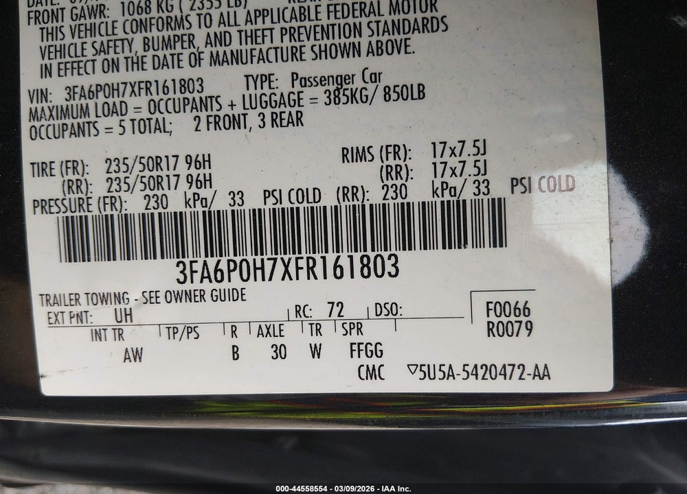 2015 FORD FUSION SE VIN: 3FA6P0H7XFR161803