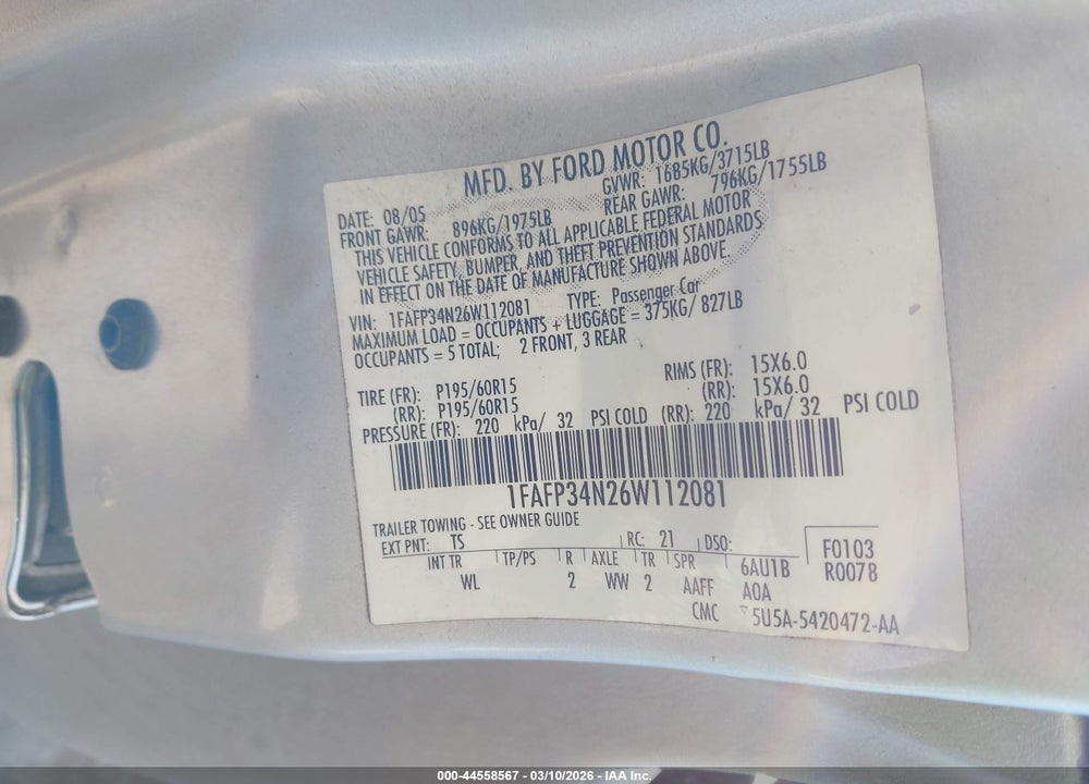 2006 FORD FOCUS ZX4 VIN: 1FAFP34N26W112081