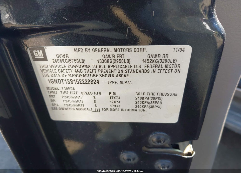 2005 CHEVROLET TRAILBLAZER LT VIN: 1GNDT13S152223324