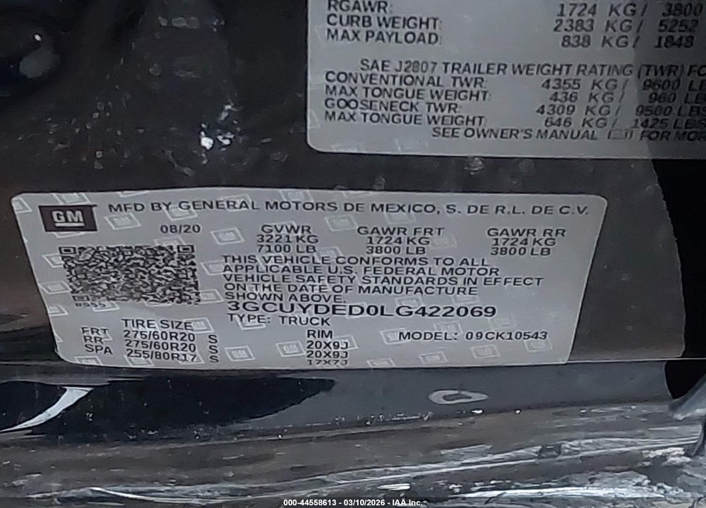 2020 CHEVROLET SILVERADO 1500 4WD  SHORT BED LT VIN: 3GCUYDED0LG422069
