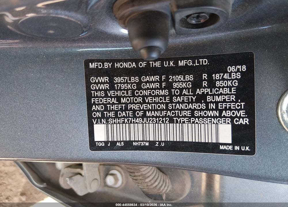 2018 HONDA CIVIC SPORT VIN: SHHFK7H49JU231212