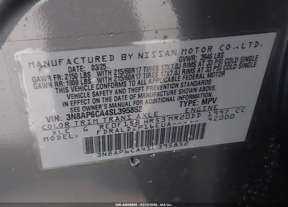 2025 NISSAN KICKS SV FWD VIN: 3N8AP6CA4SL395852