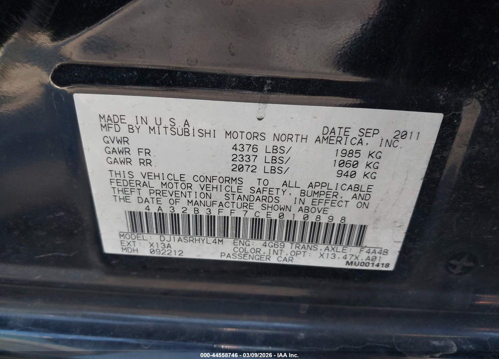 2012 MITSUBISHI GALANT ES/SE VIN: 4A32B3FF7CE010898
