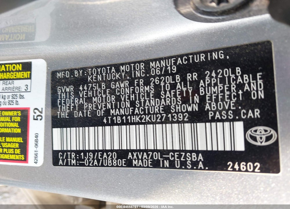 2019 TOYOTA CAMRY SE VIN: 4T1B11HK2KU271392