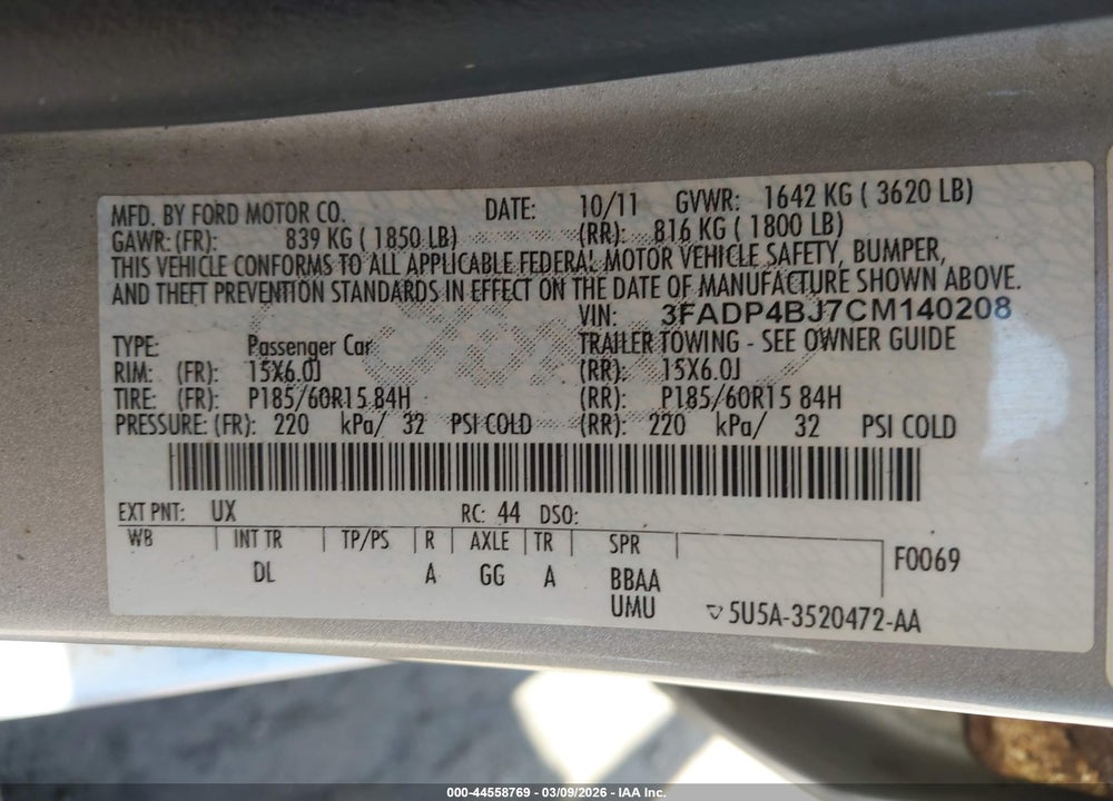 2012 FORD FIESTA SE VIN: 3FADP4BJ7CM140208