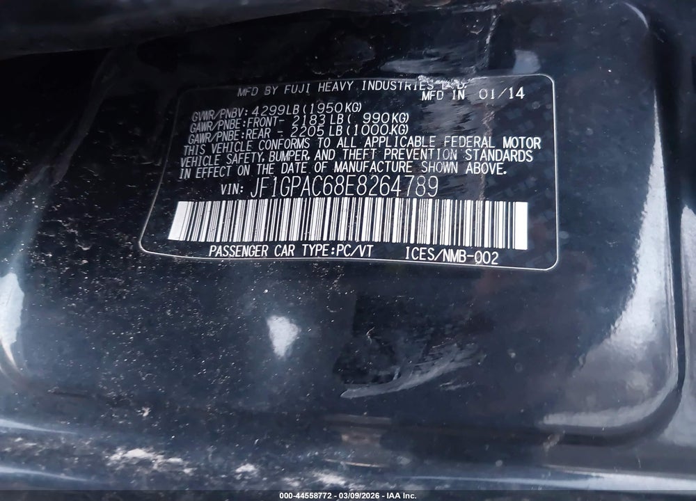 2014 SUBARU IMPREZA 2.0I PREMIUM VIN: JF1GPAC68E8264789