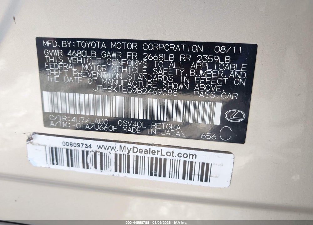 2011 LEXUS ES 350 VIN: JTHBK1EG9B2469088