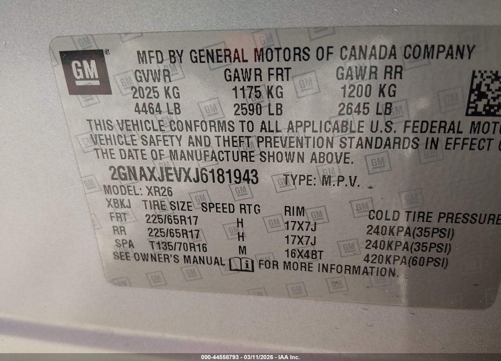 2018 CHEVROLET EQUINOX LT VIN: 2GNAXJEVXJ6181943