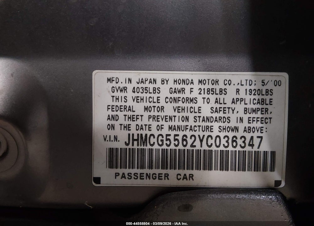 2000 HONDA ACCORD 2.3 EX VIN: JHMCG5562YC036347