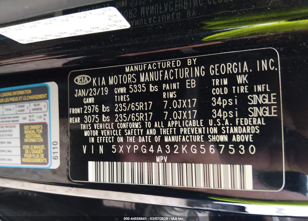 2019 KIA SORENTO 2.4L L VIN: 5XYPG4A32KG567530