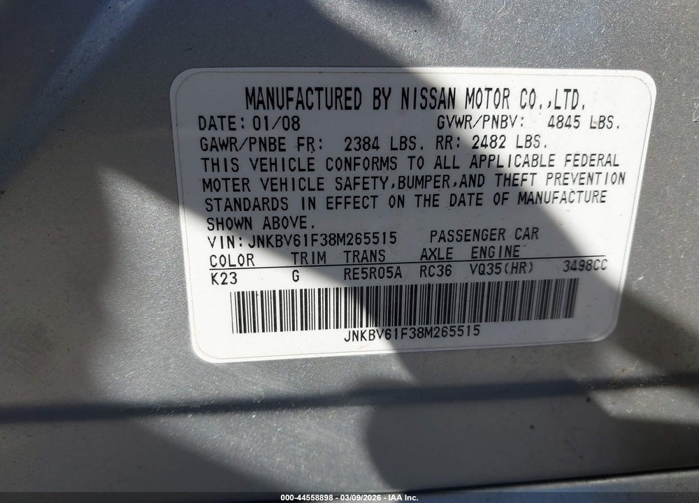 2008 INFINITI G35X VIN: JNKBV61F38M265515