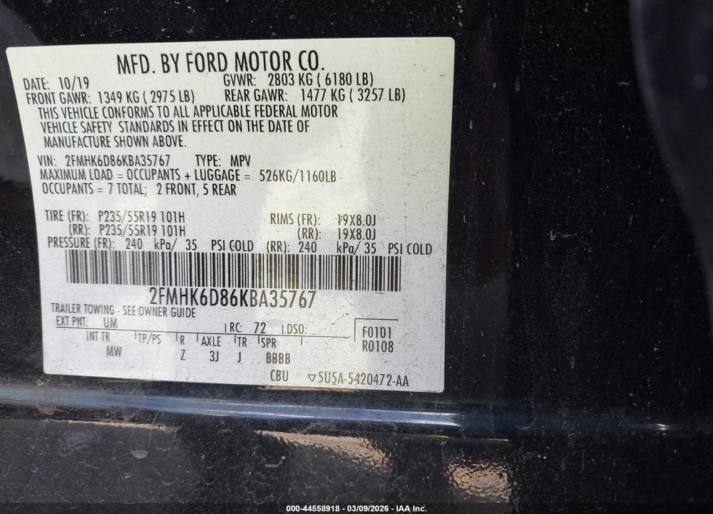 2019 FORD FLEX LIMITED VIN: 2FMHK6D86KBA35767