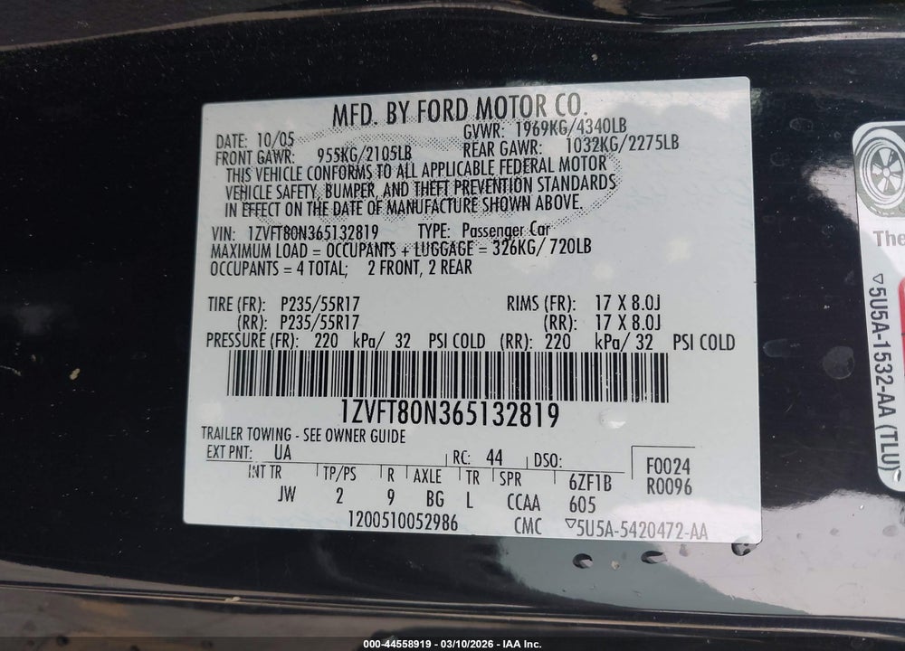 2006 FORD MUSTANG V6 VIN: 1ZVFT80N365132819