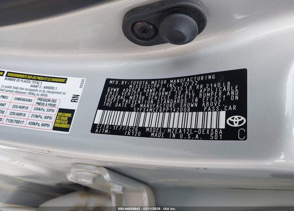 2023 TOYOTA COROLLA SE VIN: 5YFS4MCE6PP142008