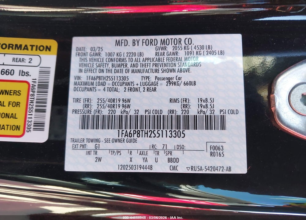 2025 FORD MUSTANG ECOBOOST FASTBACK VIN: 1FA6P8TH2S5113305