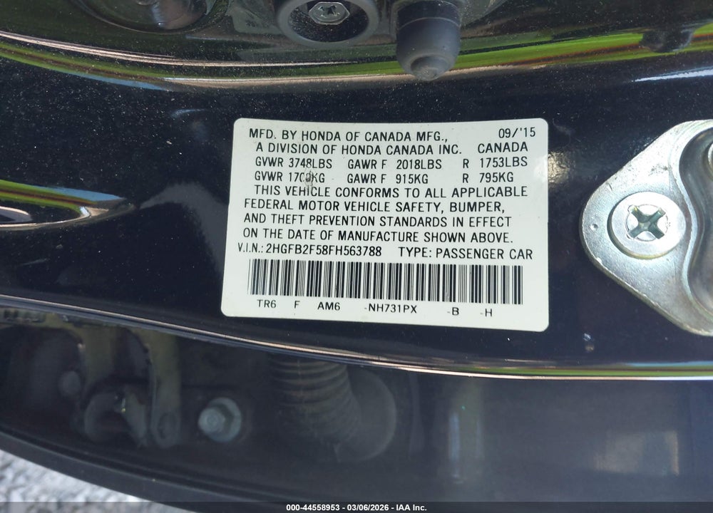 2015 HONDA CIVIC LX VIN: 2HGFB2F58FH563788
