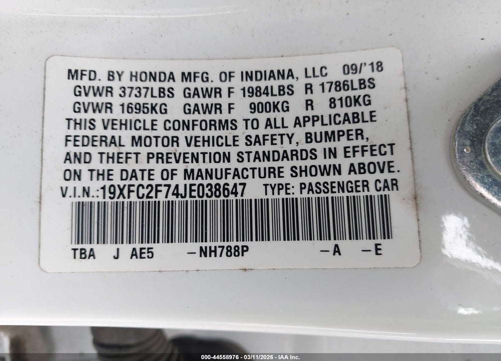 2018 HONDA CIVIC EX VIN: 19XFC2F74JE038647