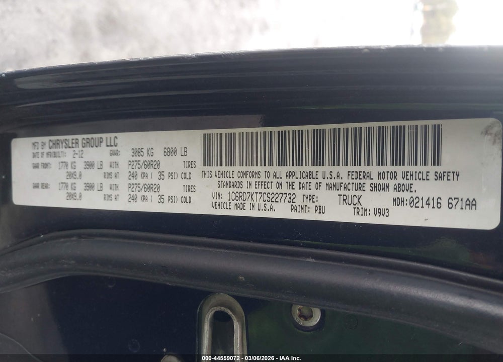2012 RAM 1500 ST VIN: 1C6RD7KT7CS227732