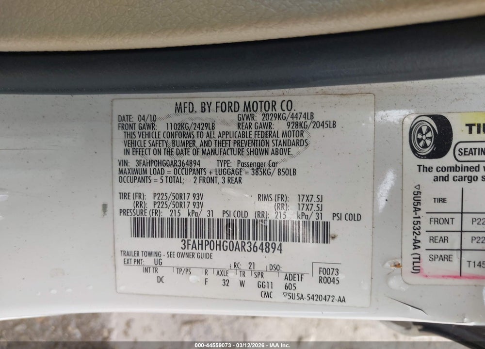 2010 FORD FUSION SE VIN: 3FAHP0HG0AR364894