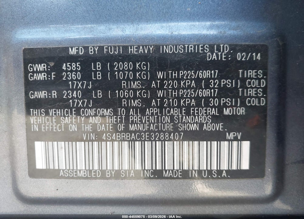 2014 SUBARU OUTBACK 2.5I VIN: 4S4BRBAC3E3288407