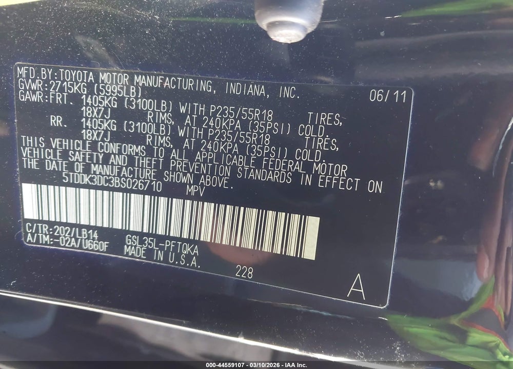 2011 TOYOTA SIENNA XLE VIN: 5TDDK3DC3BS026710