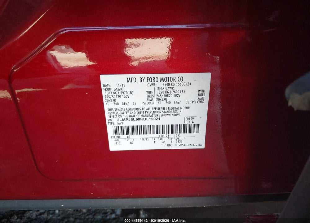 2019 LINCOLN NAUTILUS RESERVE VIN: 2LMPJ6L90KBL15021