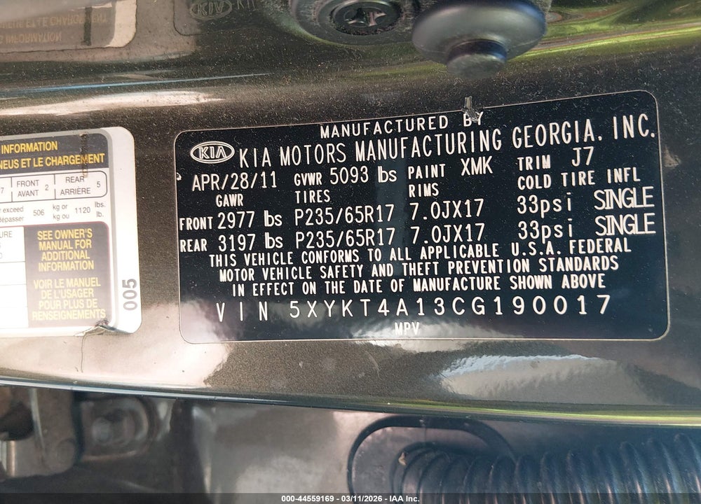 2012 KIA SORENTO LX VIN: 5XYKT4A13CG190017
