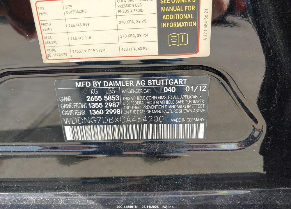 2012 MERCEDES-BENZ S 550 VIN: WDDNG7DBXCA464200