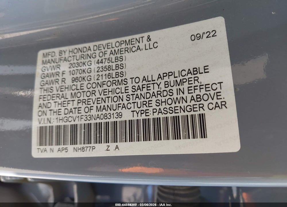 2022 HONDA ACCORD SPORT VIN: 1HGCV1F33NA083139