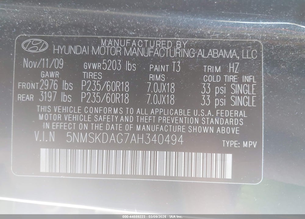 2010 HYUNDAI SANTA FE LIMITED V6 VIN: 5NMSKDAG7AH340494