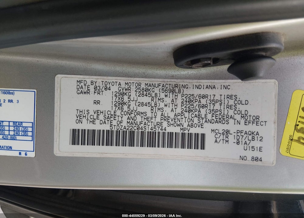 2004 TOYOTA SIENNA XLE LIMITED VIN: 5TDZA22C04S145744