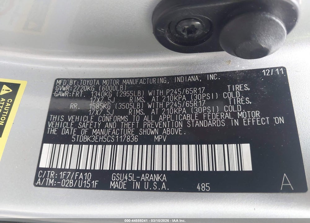 2012 TOYOTA HIGHLANDER BASE V6 VIN: 5TDBK3EH5CS117836