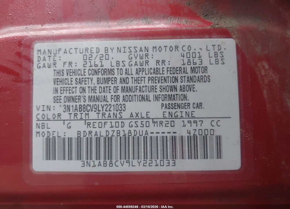2020 NISSAN SENTRA SV XTRONIC CVT VIN: 3N1AB8CV9LY221033