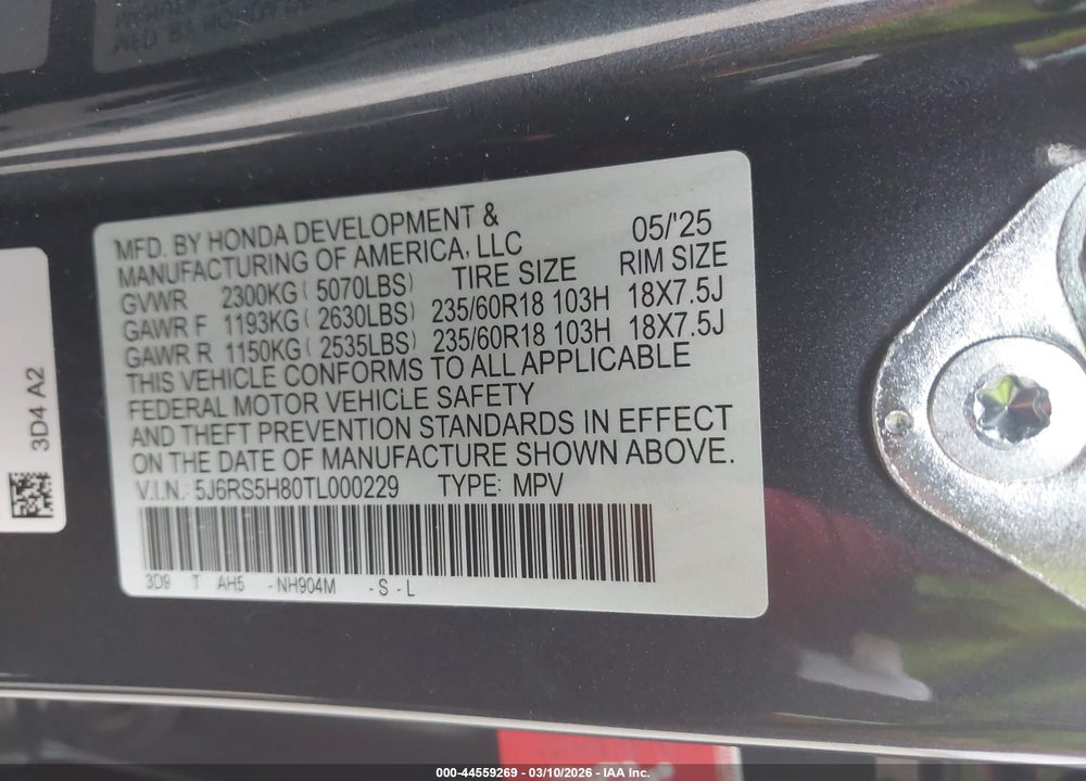 2026 HONDA CR-V HYBRID 2WD SPORT-L VIN: 5J6RS5H80TL000229