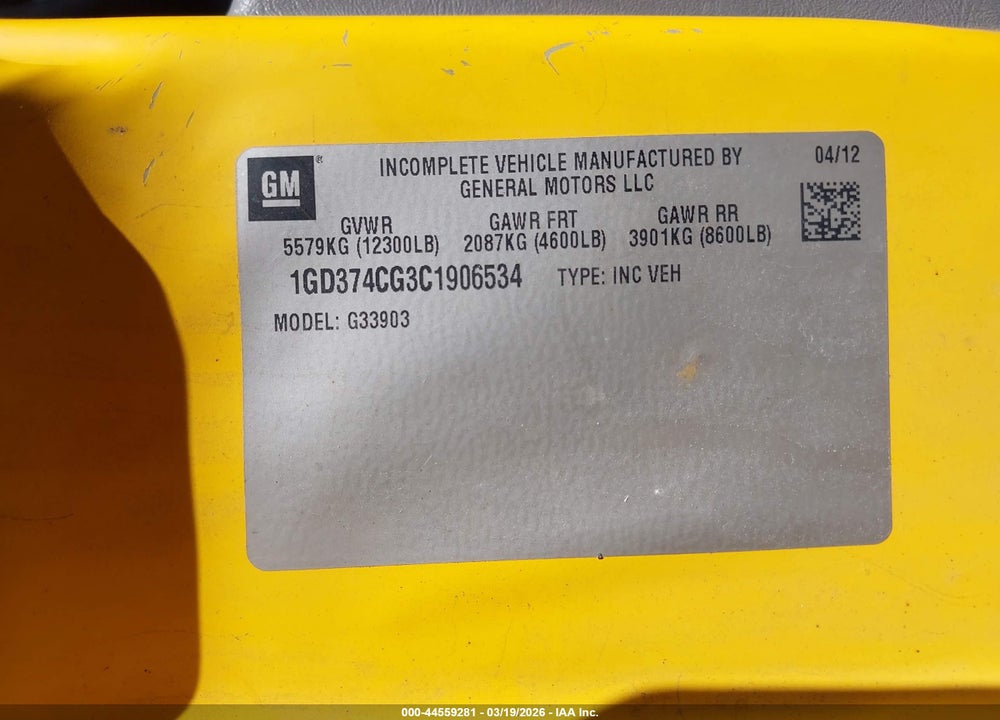 2012 GMC SAVANA CUTAWAY WORK VAN VIN: 1GD374CG3C1906534