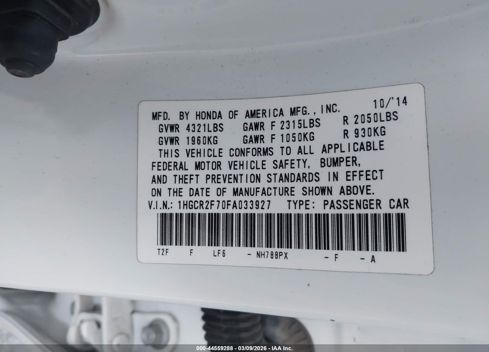 2015 HONDA ACCORD EX VIN: 1HGCR2F70FA033927