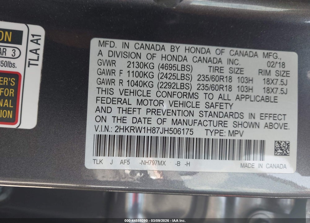 2018 HONDA CR-V EX-L/EX-L NAVI VIN: 2HKRW1H87JH506175