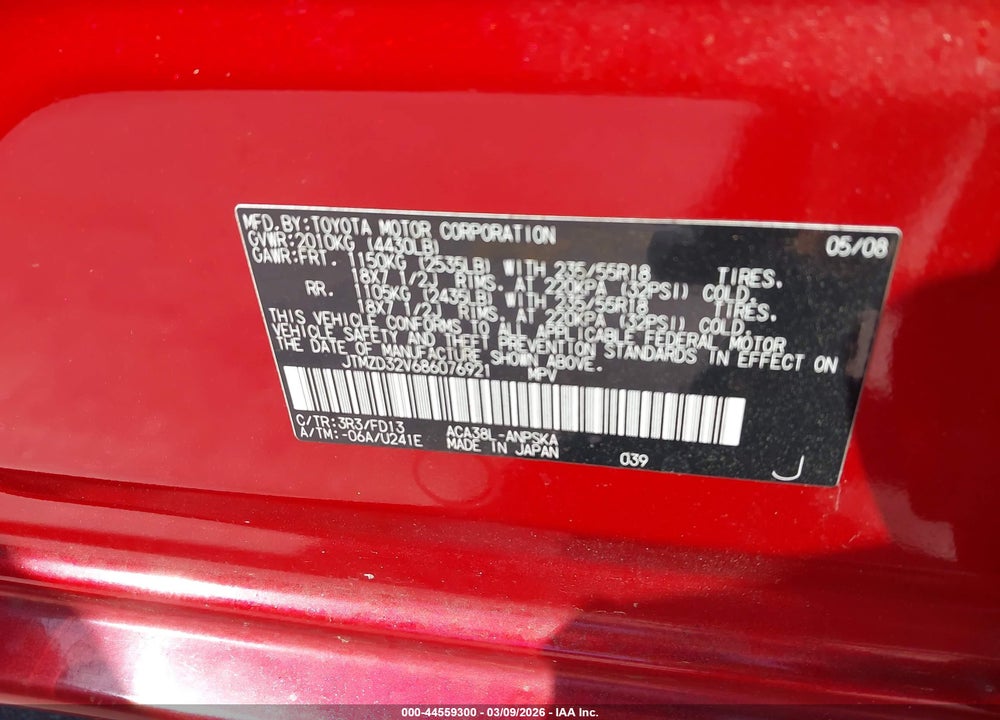 2008 TOYOTA RAV4 SPORT VIN: JTMZD32V686076921