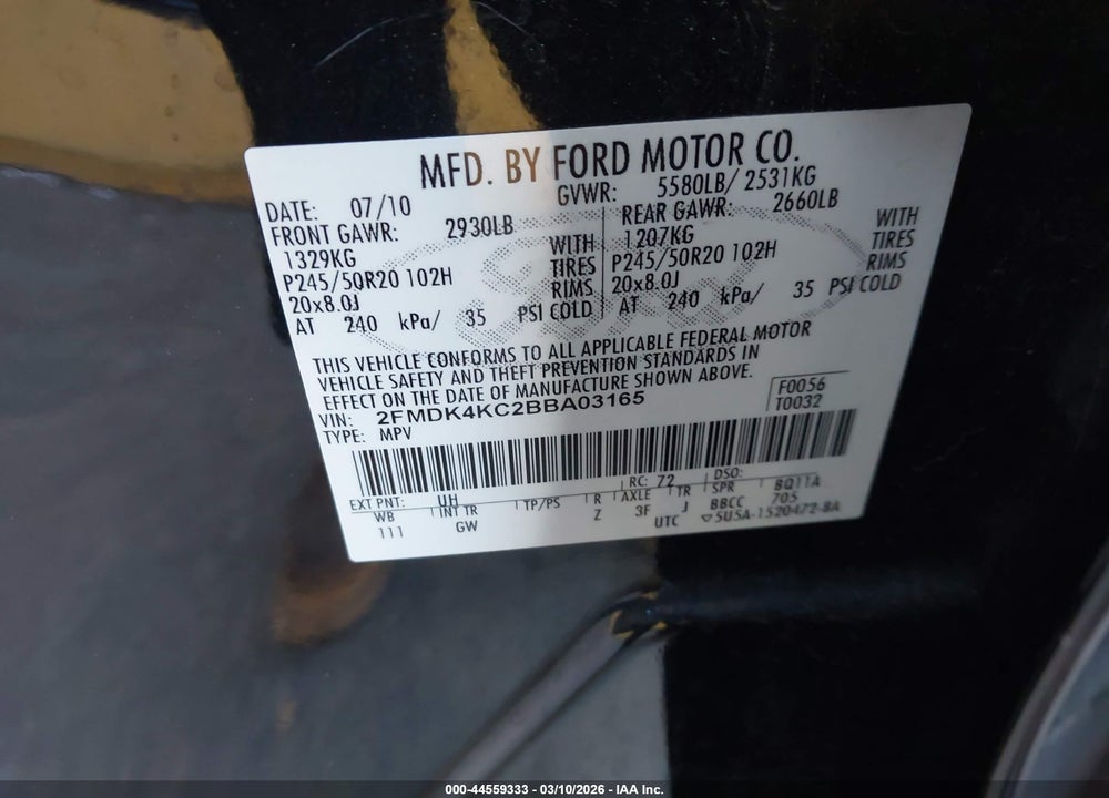 2011 FORD EDGE LIMITED VIN: 2FMDK4KC2BBA03165
