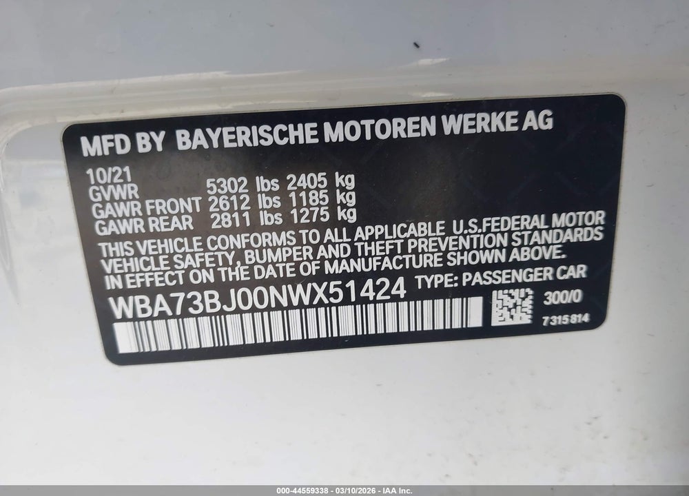 2022 BMW 540 I XDRIVE VIN: WBA73BJ00NWX51424