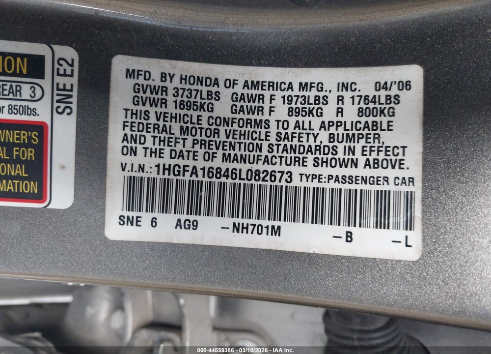 2006 HONDA CIVIC EX VIN: 1HGFA16846L082673