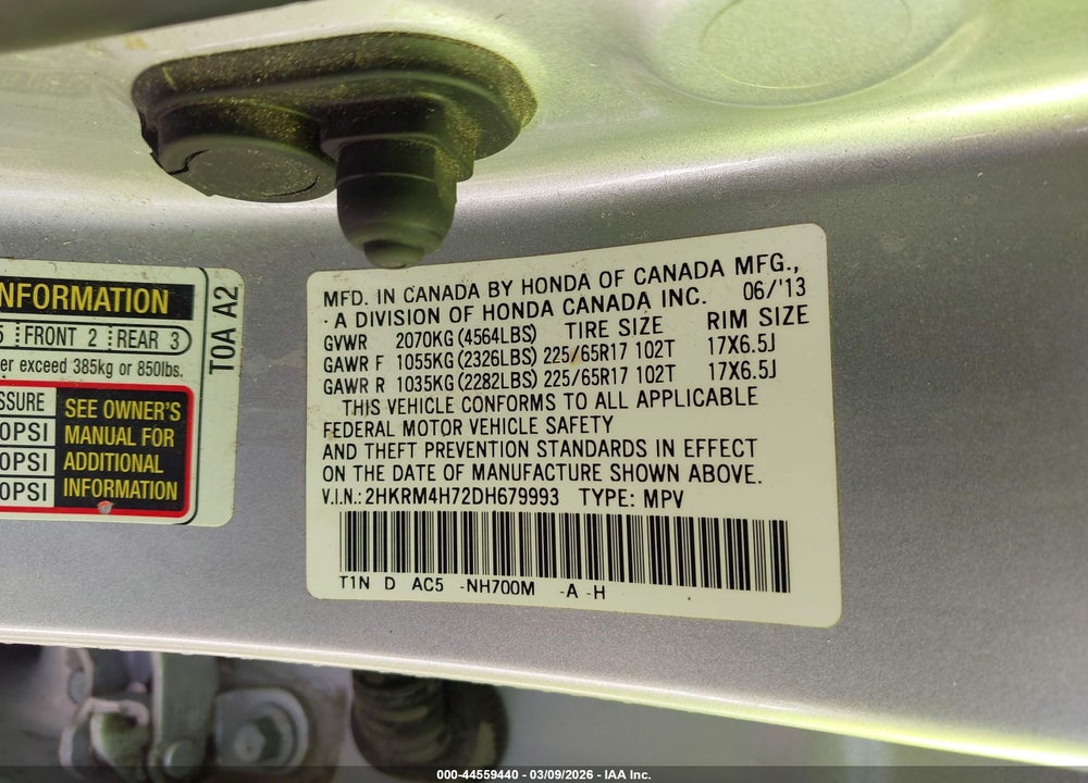 2013 HONDA CR-V EX-L VIN: 2HKRM4H72DH679993