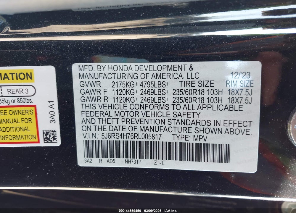 2024 HONDA CR-V EX-L AWD VIN: 5J6RS4H76RL005817
