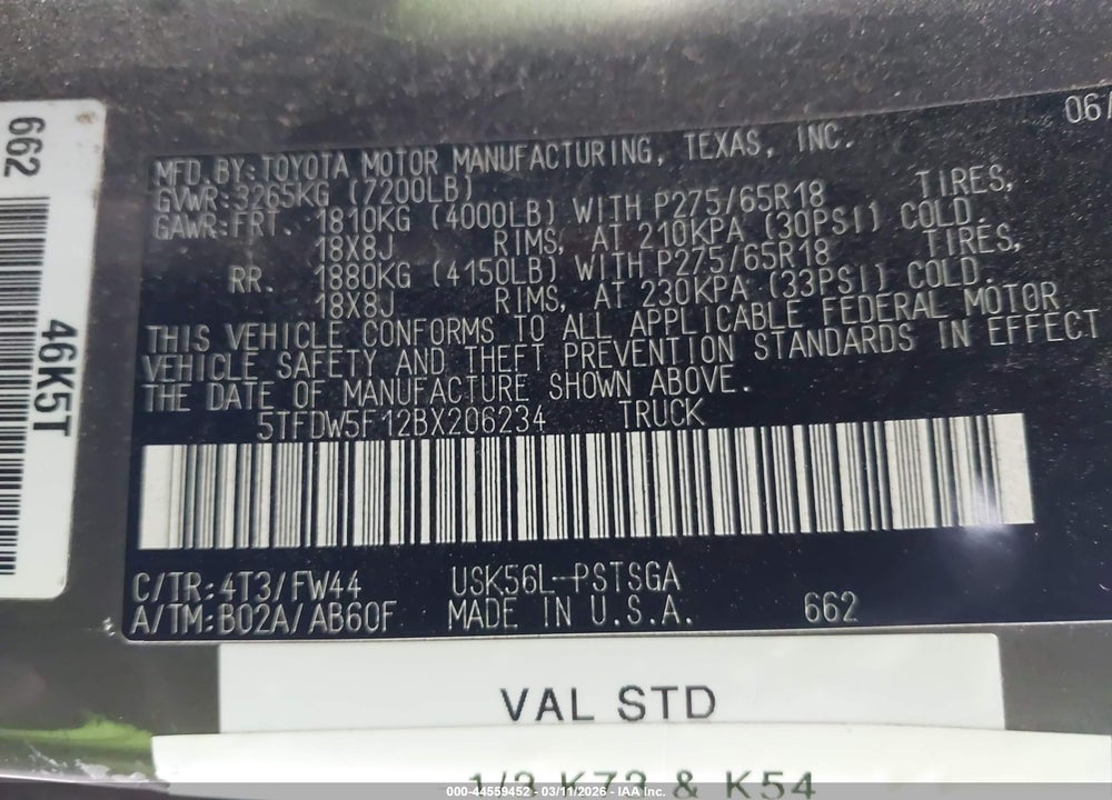 2011 TOYOTA TUNDRA GRADE 5.7L V8 VIN: 5TFDW5F12BX206234
