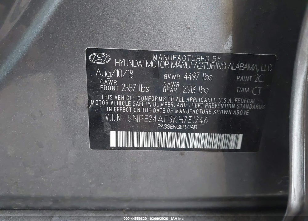 2019 HYUNDAI SONATA SE VIN: 5NPE24AF3KH731246