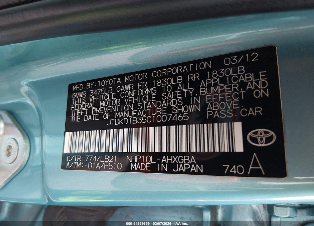 2012 TOYOTA PRIUS C FOUR VIN: JTDKDTB35C1007465