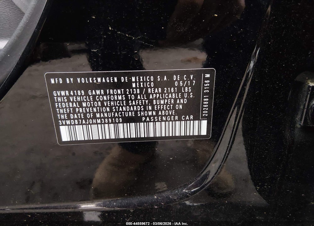 2017 VOLKSWAGEN JETTA 1.4T SE VIN: 3VWDB7AJ0HM389109