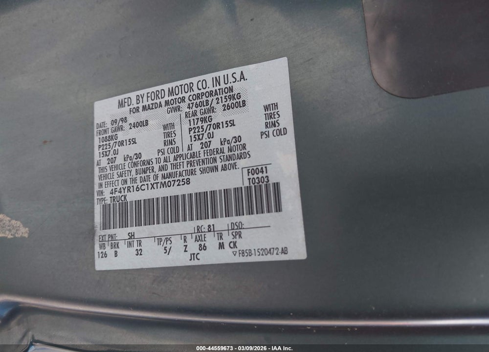 1999 MAZDA B2500 SE VIN: 4F4YR16C1XTM07258