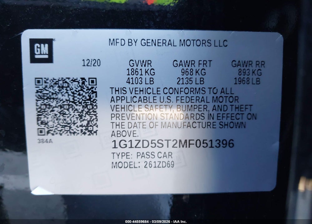 2021 CHEVROLET MALIBU FWD LT VIN: 1G1ZD5ST2MF051396