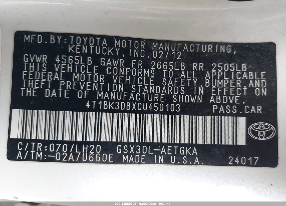 2012 TOYOTA AVALON VIN: 4T1BK3DBXCU450103